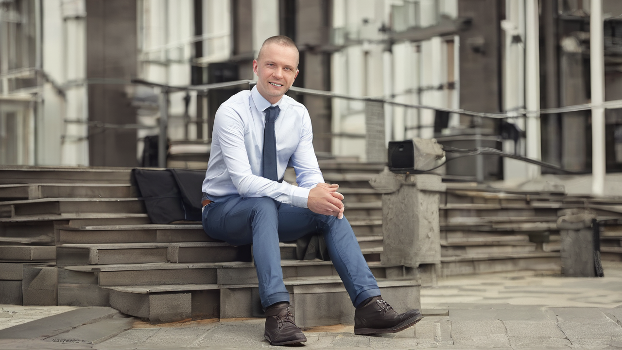 Portret zadowolonego klienta - mężczyzna w średnim wieku z uśmiechem na twarzy